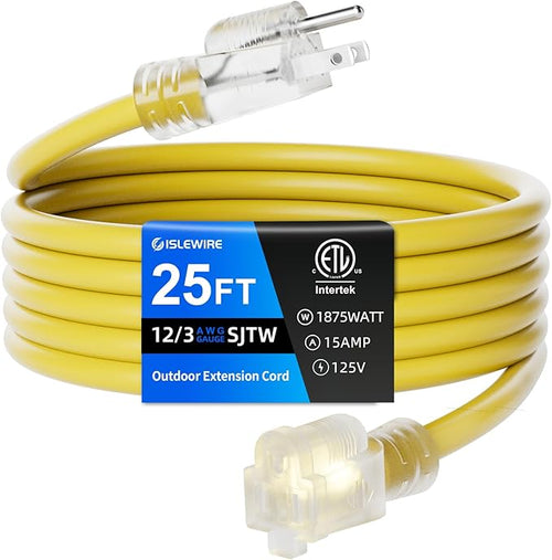 12 Gauge Outdoor Extension Cord 25 FT Waterproof, 3 Prong Plug, SJTW Heavy Duty by ISLEWIRE