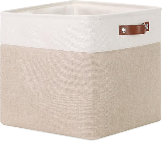 DULLEMELO Cube Storage Bin 13x13,Collapsible Fabric Storage Cube for Organizing,Cubby Storage Basket for Shelves,Closet,Laundry,Nursery,Toys,Clothes (White&Khaki)