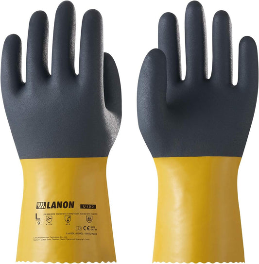 LANON PVC Chemical Gloves, Thick Rubber Work Gloves, Heavy-Duty, EN 374/388, Acid, Alkali and Oil, Non-Slip, XL