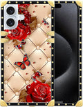Compatible with iPhone 16 Case, Shining Red Rose Butterfly Leather Background by Unknown