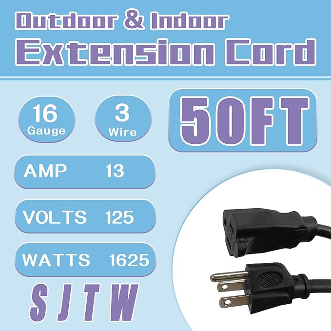 Indoor Outdoor Extension Cord 50 FT, 16/3 SJTW Weatherproof Black Electrical - Image 2