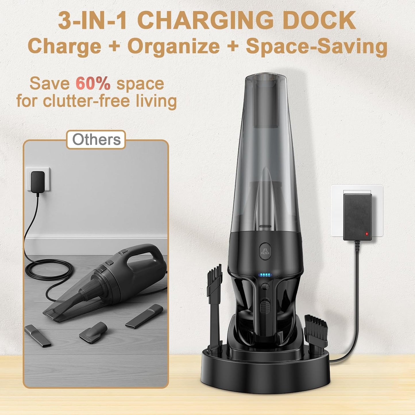 Handheld Vacuum Cordless Rechargeable with Charging Dock - 16000Pa Ultra-Strong Suction, Portable & Lightweight, Fast Charging, LED Light, 0.8L Super-Large Dust Cup, Long Battery Life for Home