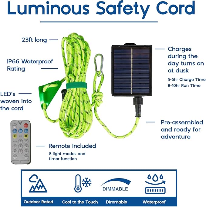 Solar Luminous Paracord Rope, 23ft Solar-Powered Green Glow Rope - Image 2