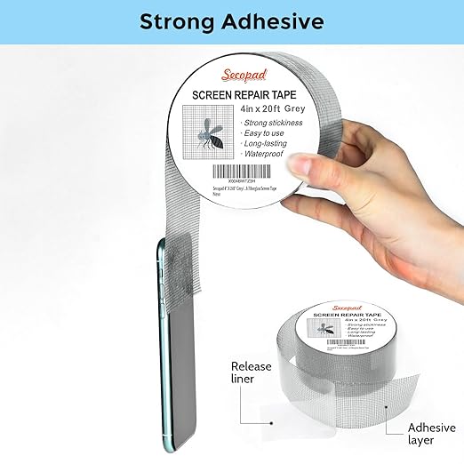 Secopad Grey Window Screen Repair Tape, 4IN X 20FT Screen Repair Kit - Image 3