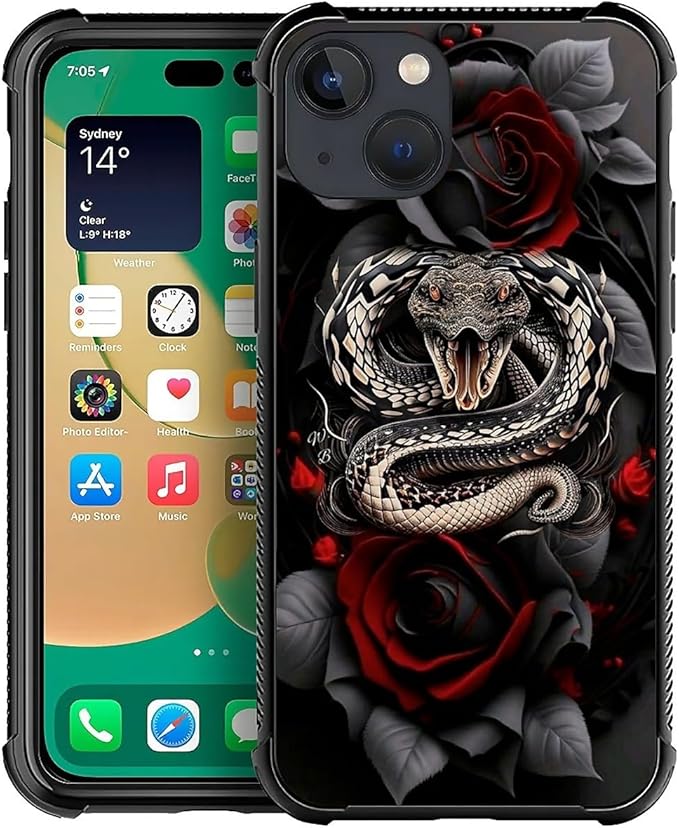 for iPhone 14 Case, Entwined Rose Snake Pattern Graphic Design Girl Boy Soft by FKBRCL4U