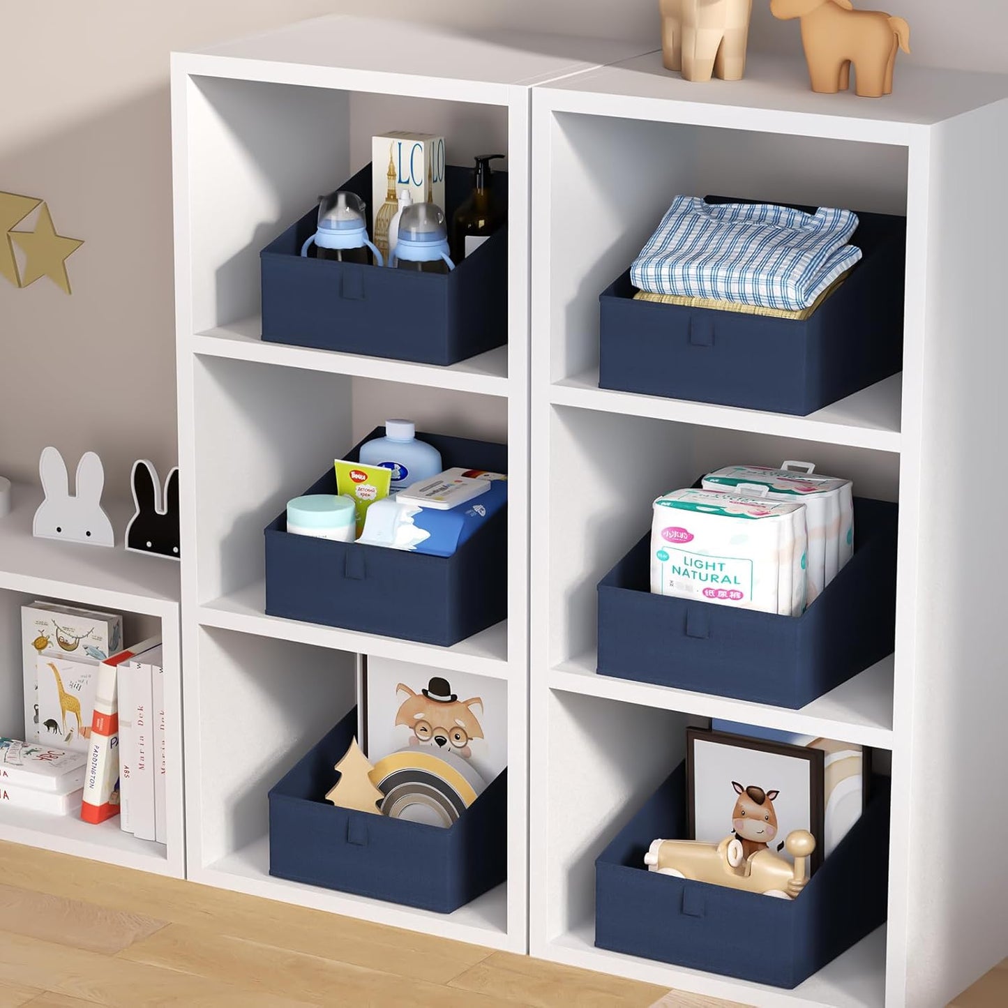 DIMJ Closet Storage Bins 8 Pack - Fabric Trapezoid Organizer Bin, Foldable Storage Baskets for Shelves, Closet Shelf Organizer, Clothing Storage Box for Toys, Books, Towel, Clothes,Navy Blue