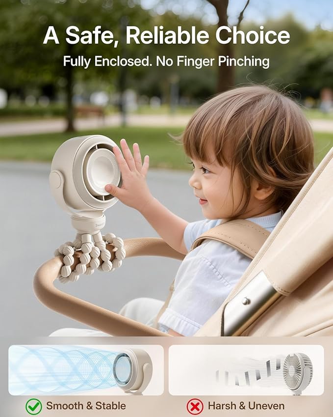 SWEETFULL Portable Stroller Fan, Pinch-Proof Baby Fan, 10H Battery, 5-Speed - Image 2