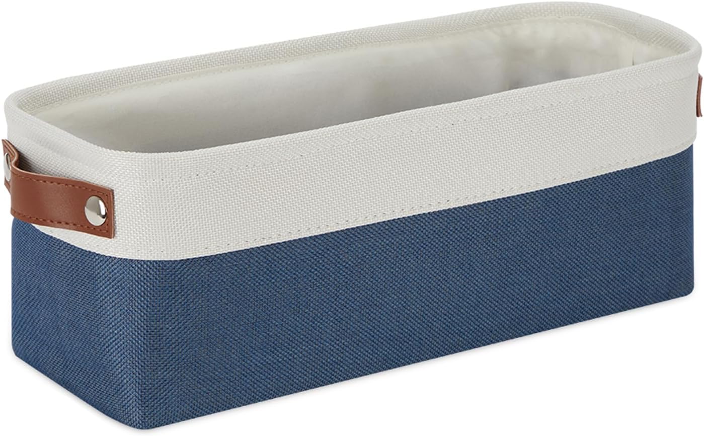 DULLEMELO Narrow Storage Basket,Toilet Paper Basket with Leather Handles for Back of Toilet, Vanities, Shelves & Cabinets (White&Blue-1 Pack)