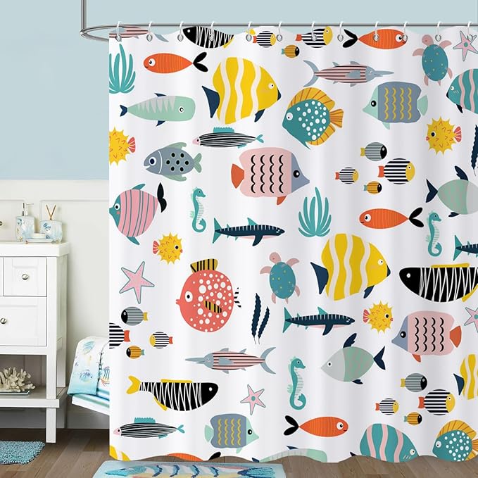 Kid Shower Curtain, Colorful Cartoon Tropical Fish Ocean Beach Theme Bath by Caheansi