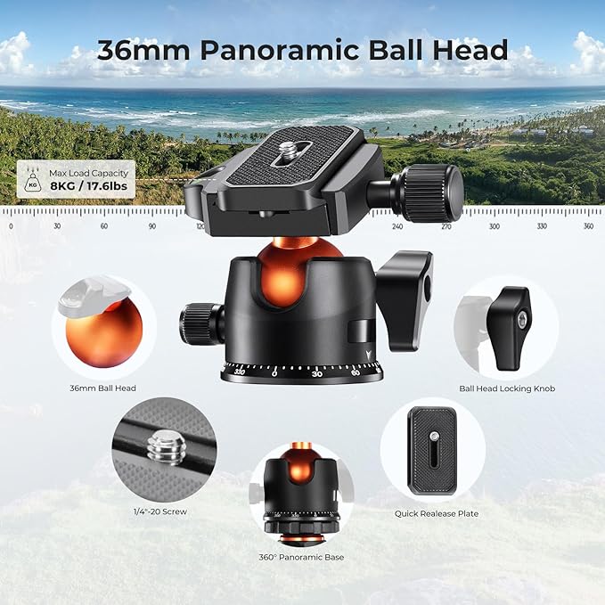 K&F CONCEPT 64" Carbon Fiber Camera Tripod, Lightweight Travel Tripod - Image 6
