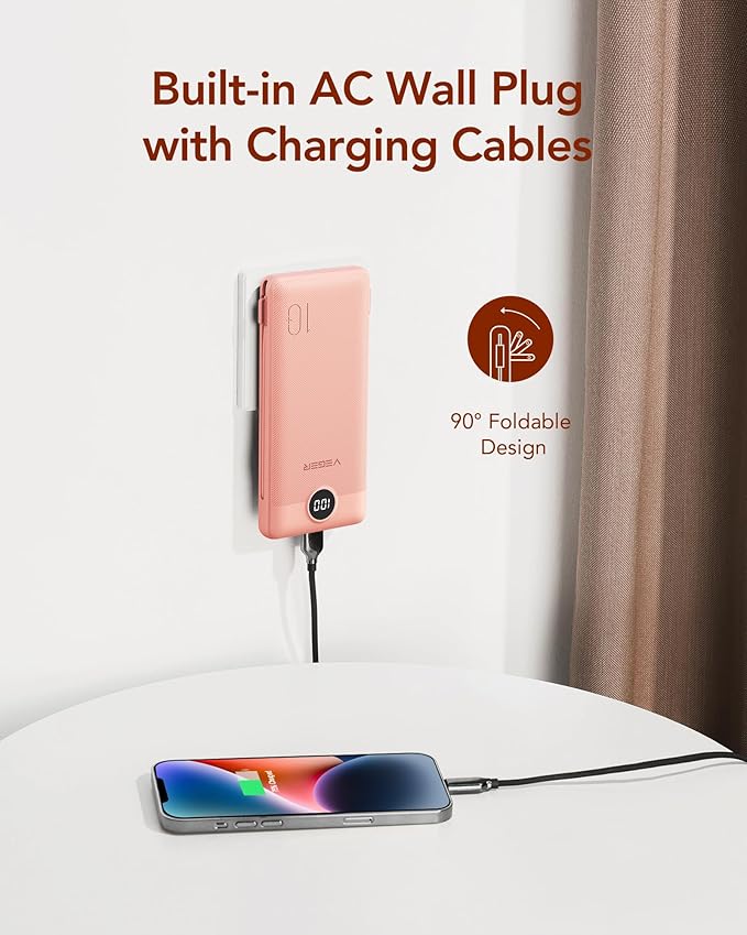 VEGER Portable Charger with Built-in AC Plug and Cables, All in One 10000mAh - Image 6