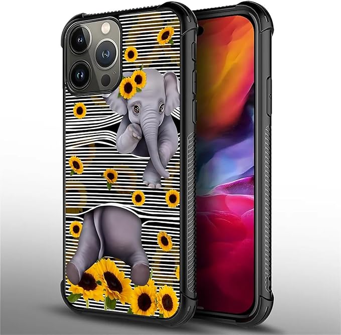 for iPhone 15 Pro Case, Cute Little Elephant Sunflower White Line Art Pattern - Image 3