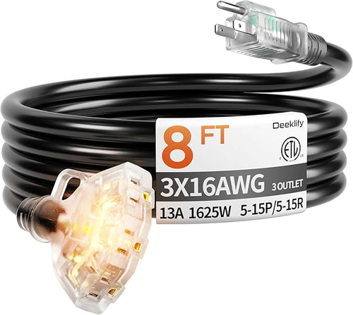 8 ft 16/3 awg 3 Outlet Extension Cord Splitter by Deeklify