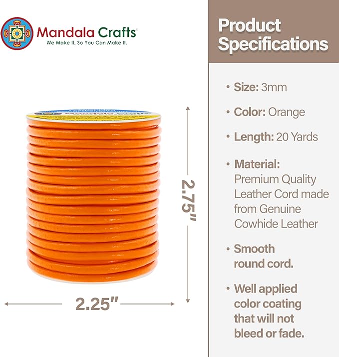 Mandala Crafts Round Genuine Orange Leather Cord - Image 4