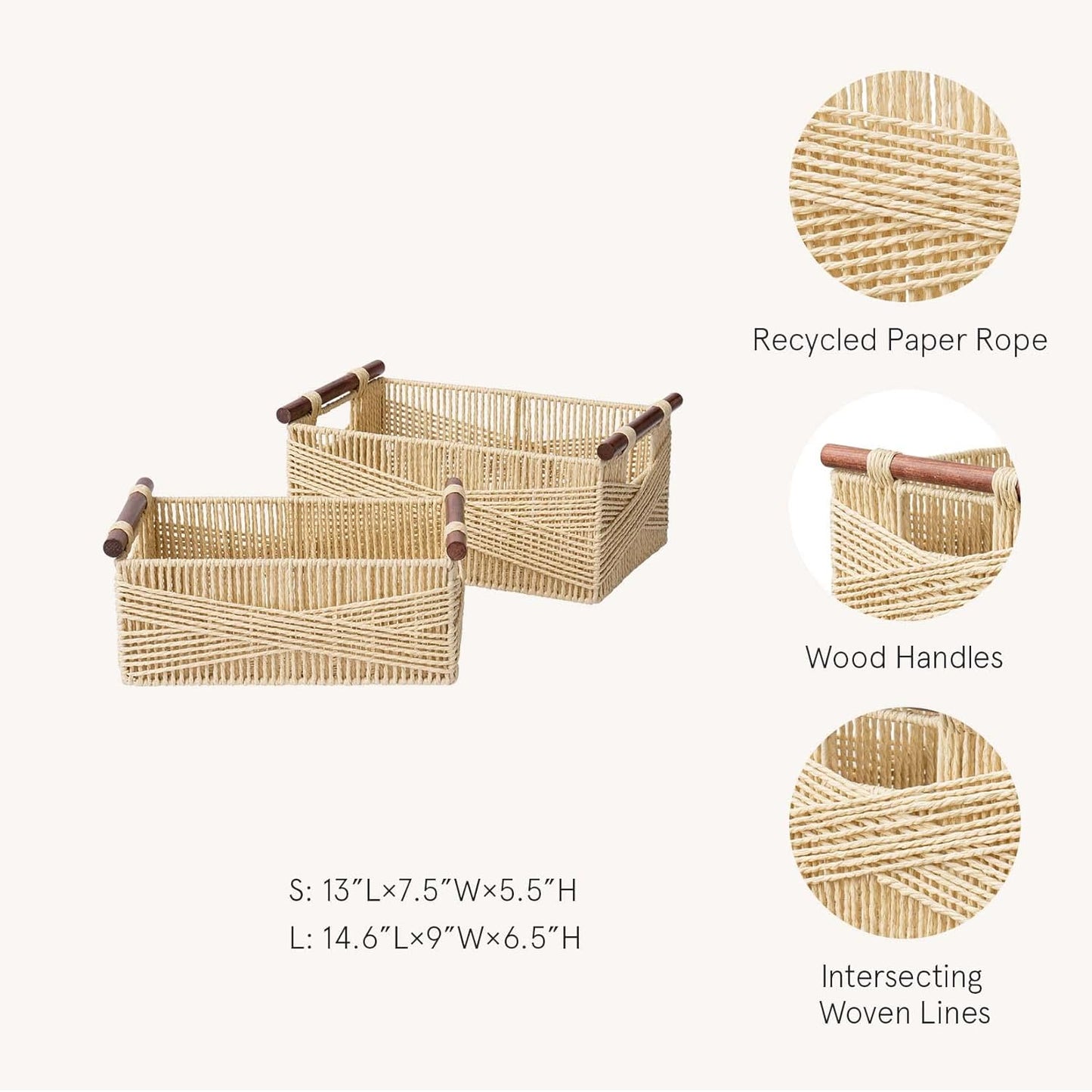 LA JOLIE MUSE Wicker Storage Baskets for Organizing, Recyclable Paper Rope Basket with Wood Handles, Decorative Hand Woven Basket Organizers for Makeup Books Shelves Living Room, Beige, Set of 2
