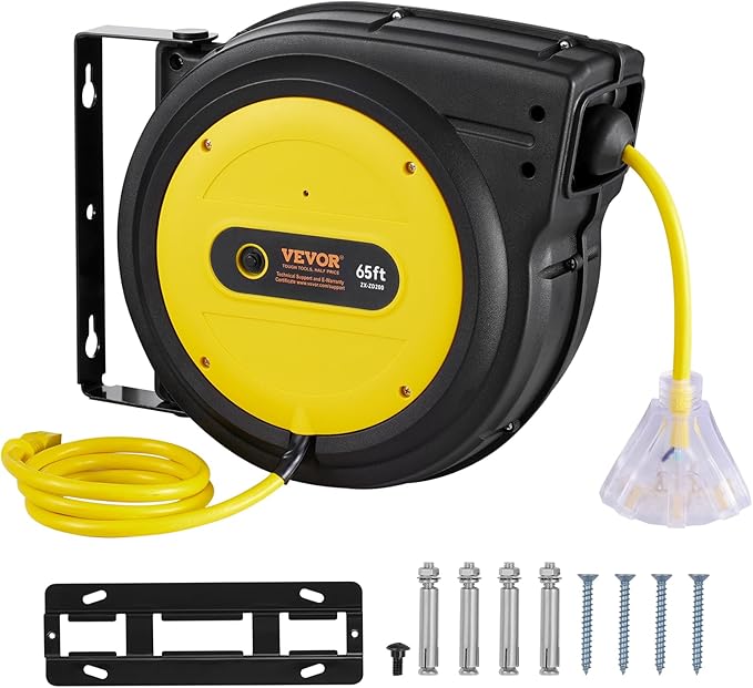 VEVOR Retractable Extension Cord Reel, 65 FT, Heavy Duty 12AWG/3C SJTOW - Image 9