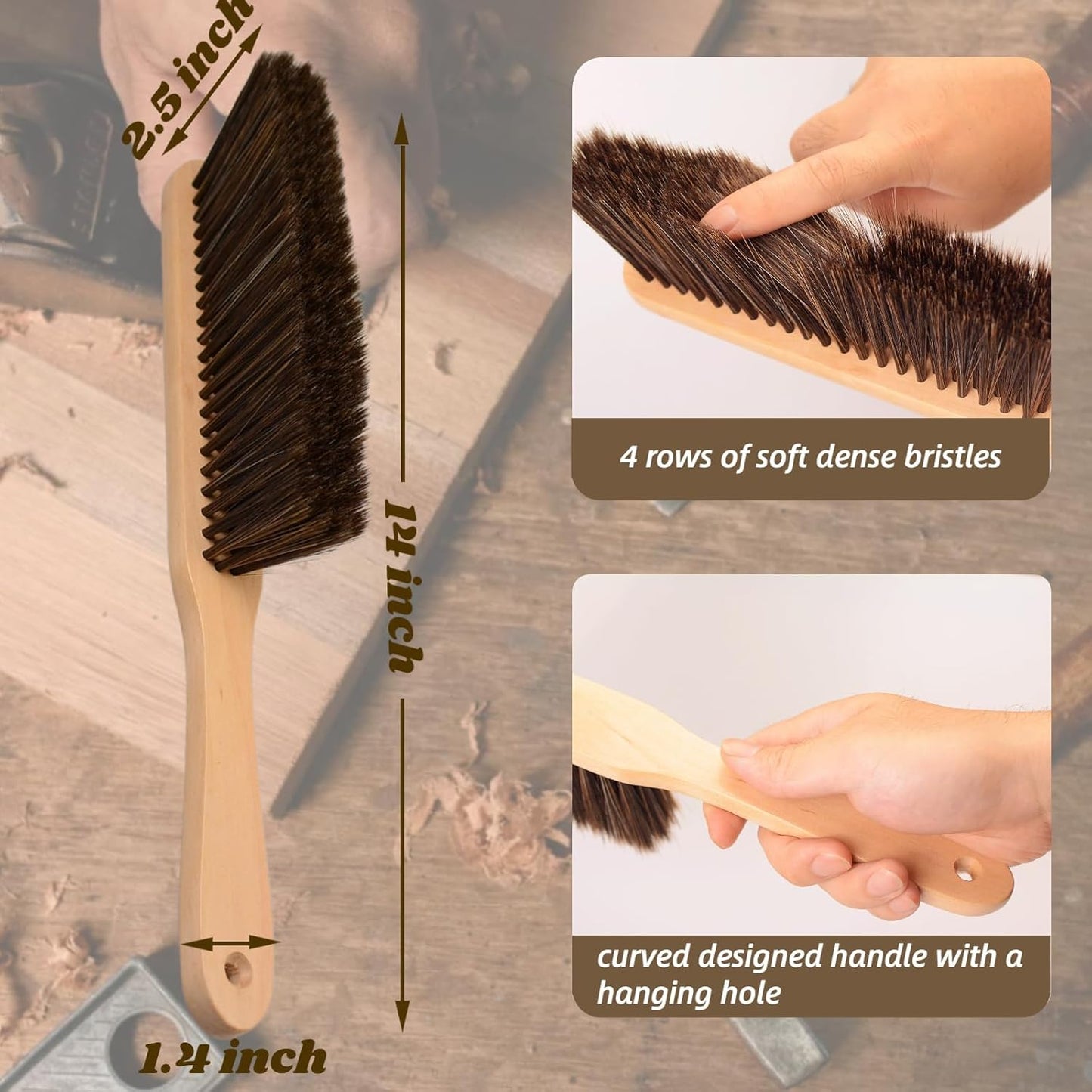 2 Pieces Woooden Dust Brush Hand Broom Bench Brush with Long Wood Handle Whisk Broom Soft Bristle Brush for Counter Bed Sofa Car Fireplace Clothes Household Cleaning(Brown, Khaki)