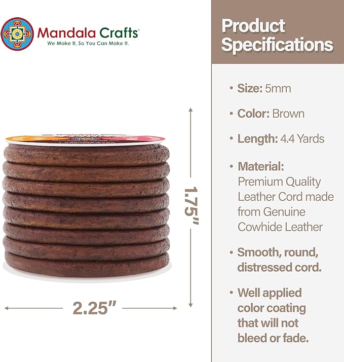Mandala Crafts Round Genuine Distressed Brown Leather Cord - Image 4