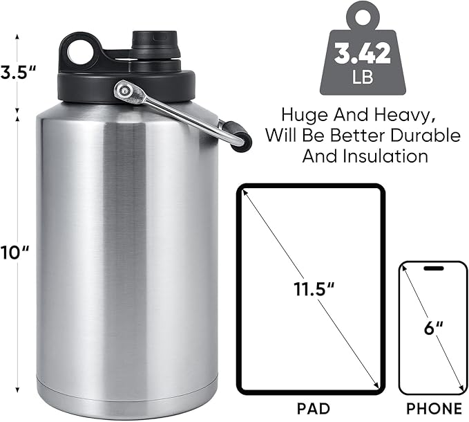 Insulated Gallon Jug with Handle, One Gallon, 128oz Stainless Steel, Large - Image 3