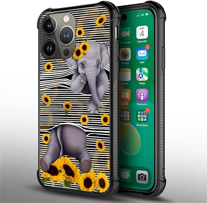 for iPhone 13 Pro Max Case, Cute Little Elephant Sunflower White Line Art - Image 4