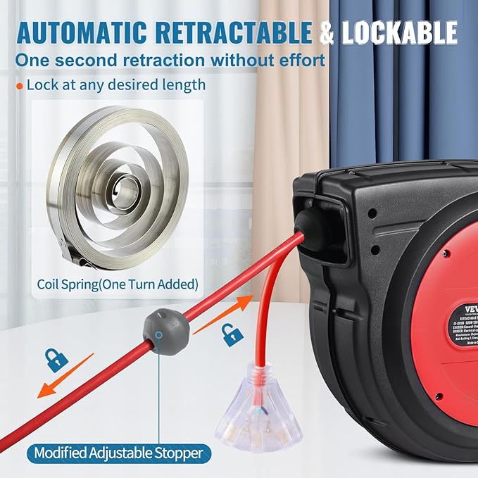 VEVOR Retractable Extension Cord Reel, 65 FT, Heavy Duty 12AWG/3C SJTOW - Image 5