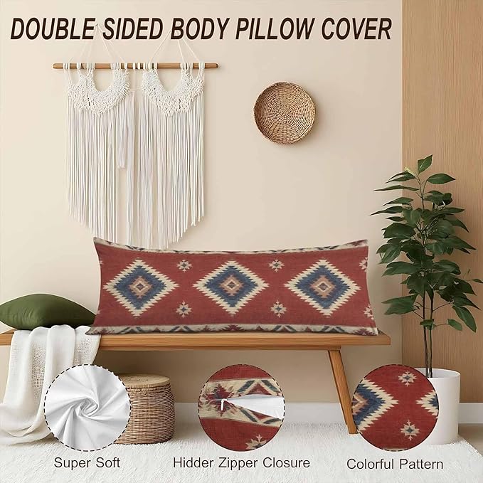 Decorative Body Pillow Covers 20x54inch Ethnic Red, Southwest Native American - Image 4