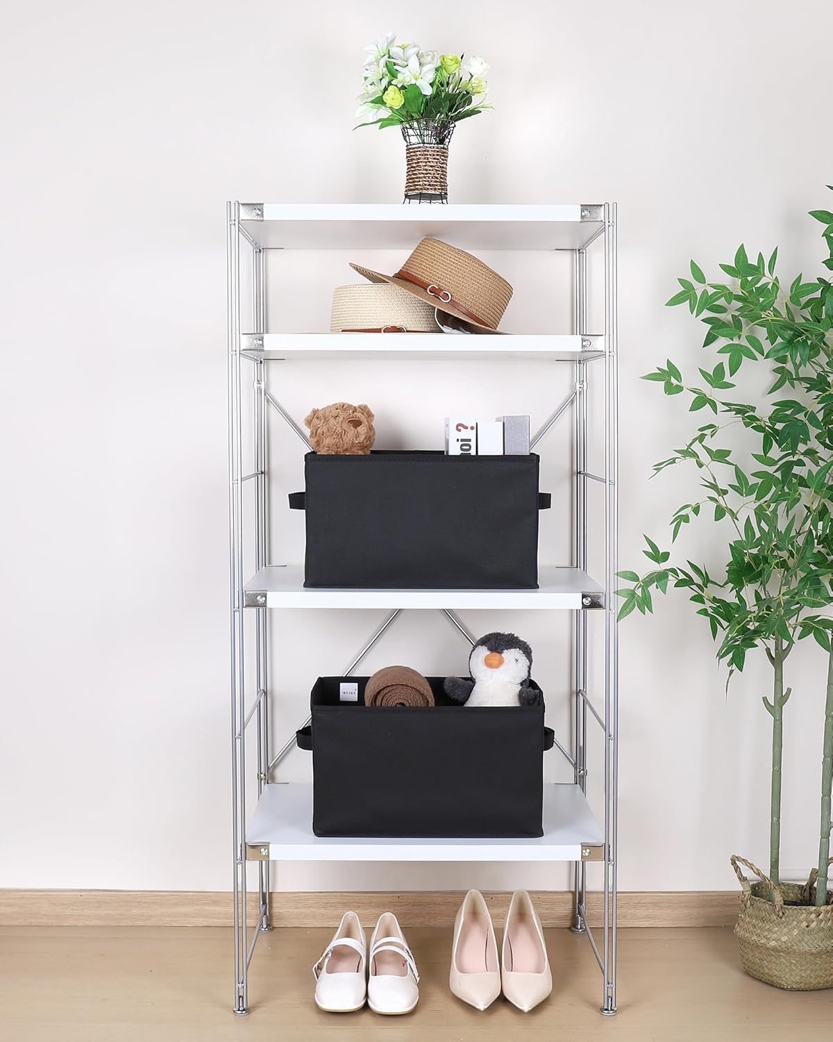 WUIKE Foldable Fabric Storage Bins with Handles, Closet Storage Baskets for Shelves and Clothes Organization, Large Black Shelf Baskets, 3-Pack, Black, Large