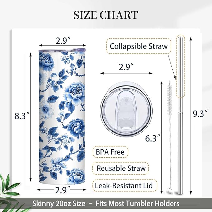 Firmiso 20 oz Tumbler｜Skinny Insulated Travel Mug｜Blue White Peony Chinoiserie - Image 7