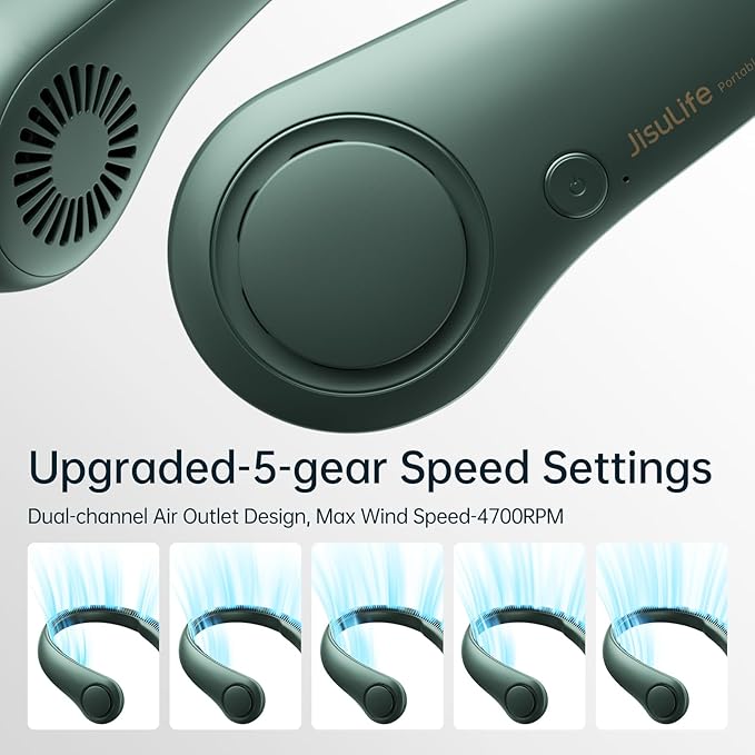 JISULIFE Portable Neck Fan, Hands Free Bladeless Fan, 5 Speeds, 4000 mAh - Image 3