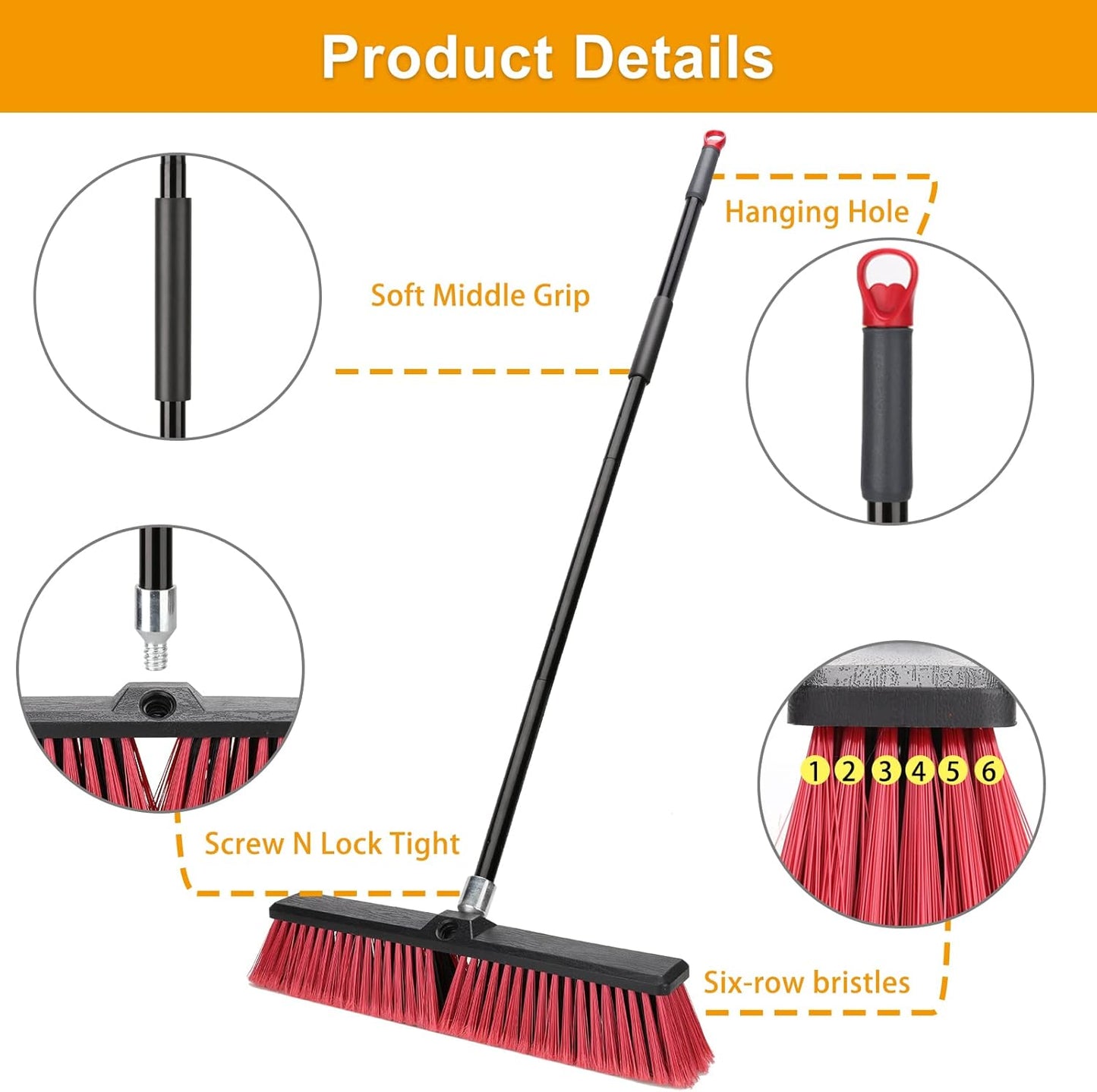 18 inches Push Broom Outdoor Garden Broom with 63" Long Handle for Deck Driveway Garage Yard Patio Concrete Floor Cleaning(Red)