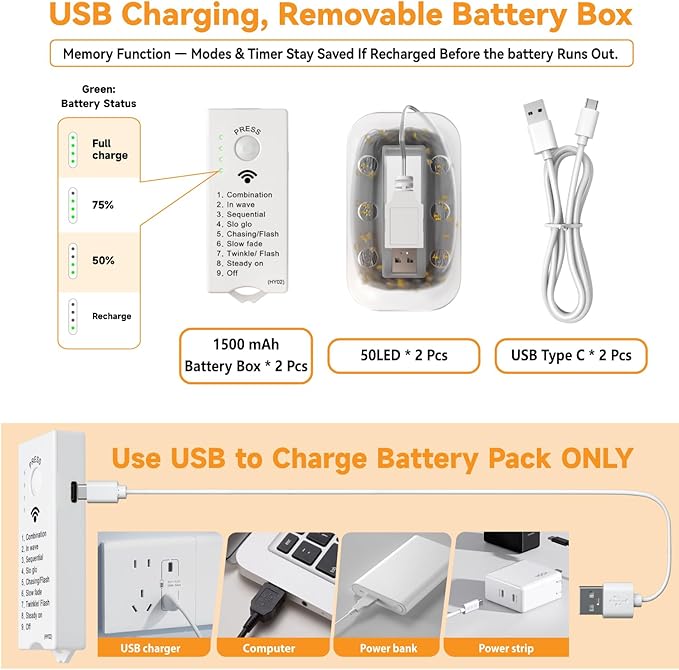 HXWEIYE Rechargeable Fairy Lights Battery Operated, DIY Timer & 8 Modes - Image 6