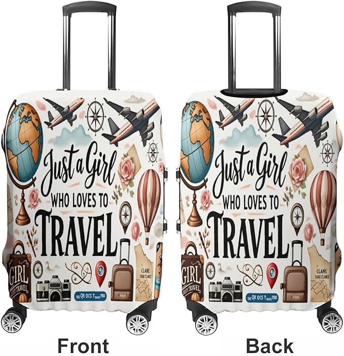 Travel Girl Adventure Globe Airplane Suitcase Camera Map Stretch Luggage Cover - Image 3