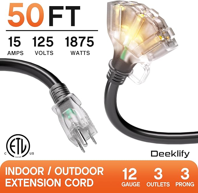 50 ft 12 Gauge Heavy Duty 3 Outlet Extension Cord Splitter - Image 2