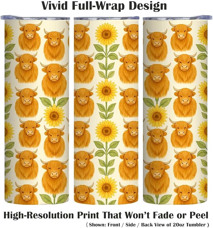 Firmiso 20 oz Tumbler｜Skinny Insulated Travel Mug｜Highland Cow Sunflower - Image 2