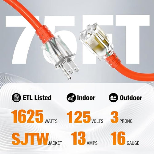 75 FT Outdoor Extension Cord Waterproof, 16/3 Gauge Heavy Duty 3 Prong Power - Image 2