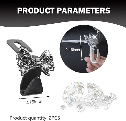 2 PCS Bling Bow Car Seat Headrest Hooks, Cute Rhinestone Bow Car Seat Back - Image 2
