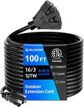 100 FT 3 Outlet Outdoor Extension Cord Waterproof, 16/3 SJTW Black Extension by ISLEWIRE