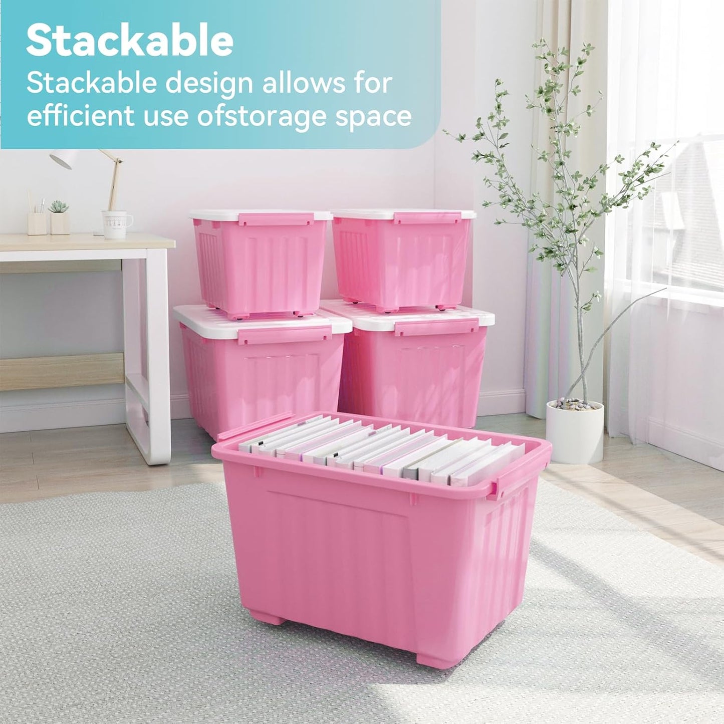 Nazhura Plastic Storage Bin, Stackable and Nestable Storage Boxes with White Lids and Secure Latching Buckles, Large Storage Container (Pink/White, 72Quart-4Pack)