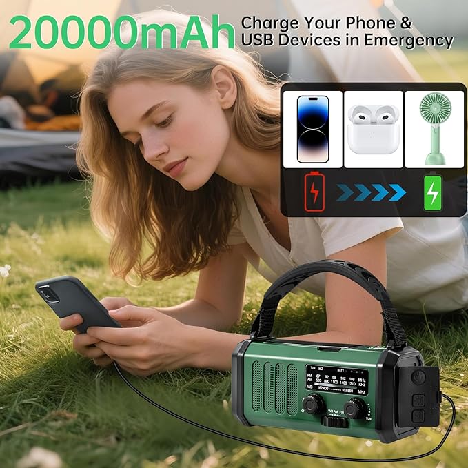 Emergency Radio Hand Crank Solar, AM/FM/NOAA Weather Radio Built-in 20000mah - Image 3