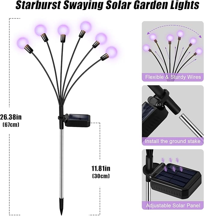 ZFNN Solar Garden Lights Outdoor, 4 Pack Firefly Swaying Lights Purple - Image 5