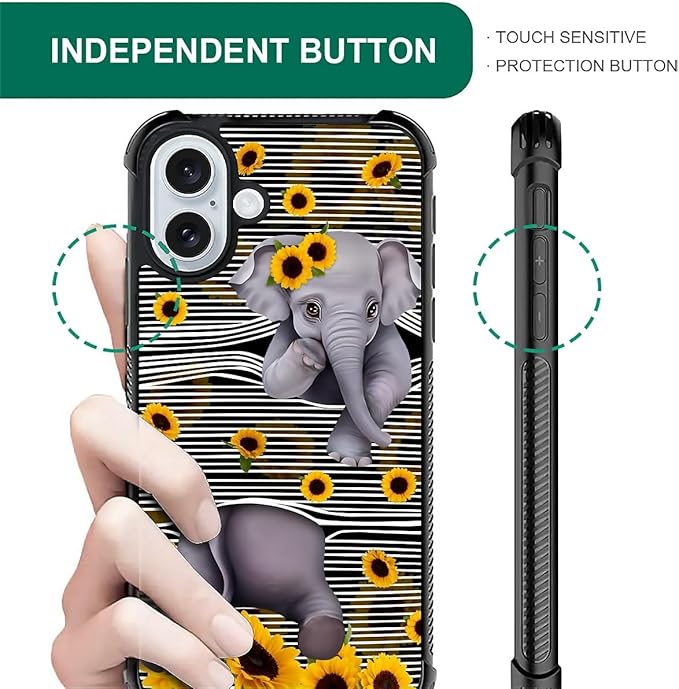 for iPhone 16 Plus Case, Cute Little Elephant Sunflower White Line Art Pattern - Image 7