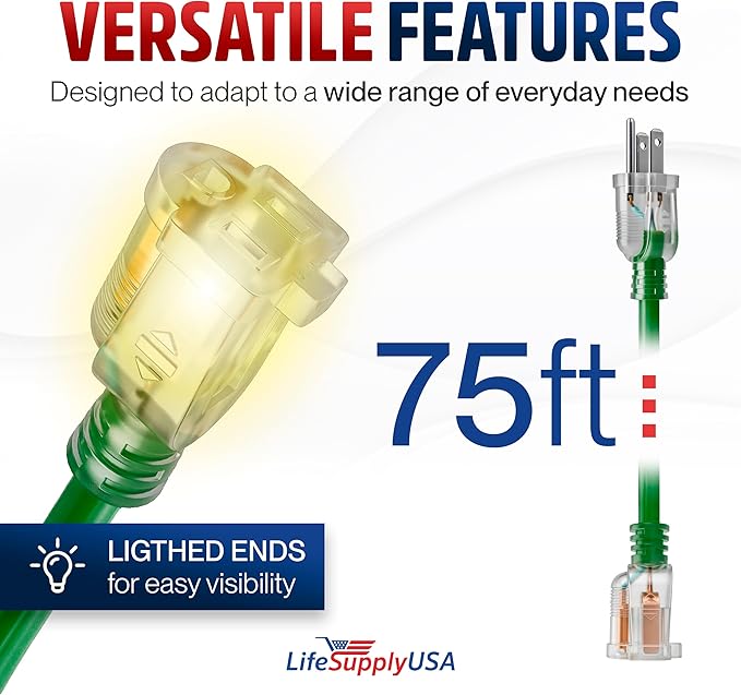 75ft Outdoor/Indoor Extension Cord 12/3 Gauge Extra Heavy Duty 3 Prong SJTW - Image 6