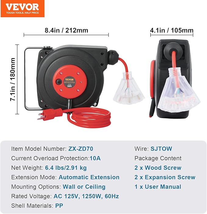 VEVOR Retractable Extension Cord Reel, 30 FT, Heavy Duty 16AWG/3C SJTOW - Image 7