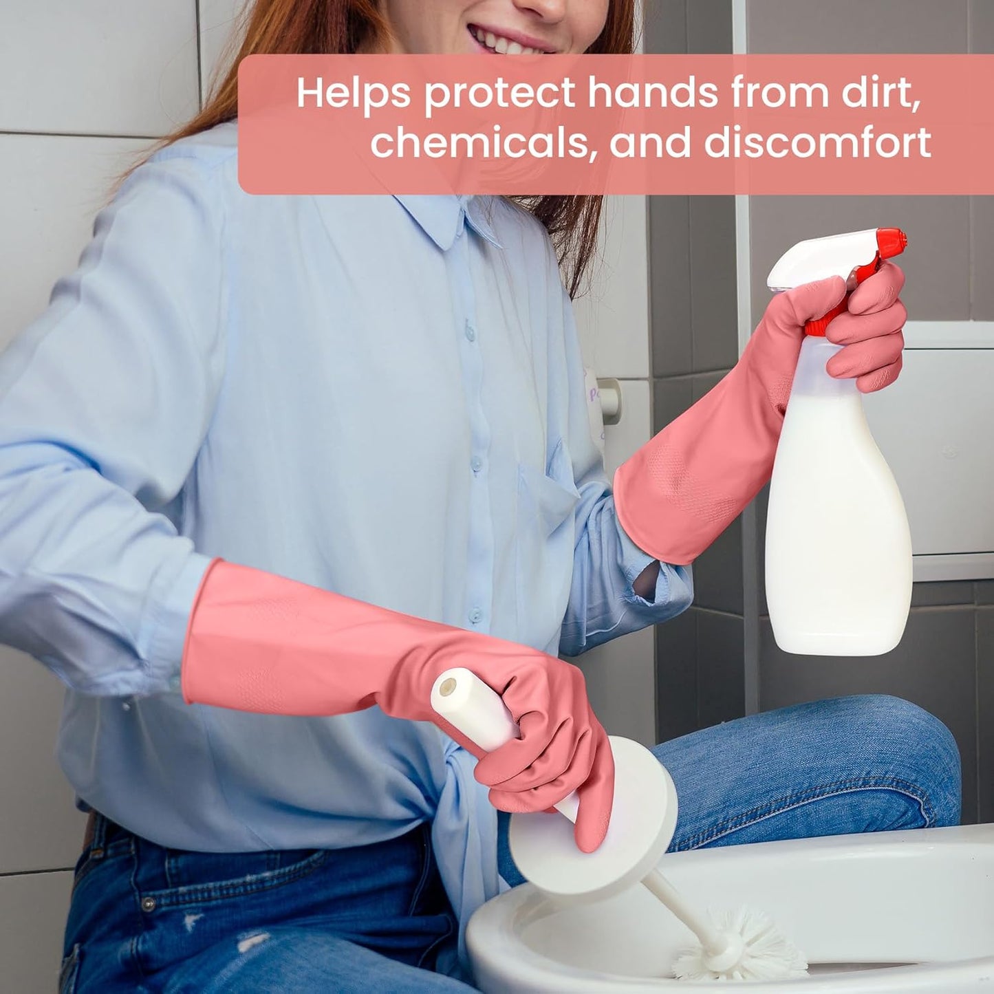 Rubber Cleaning Gloves for Dishwashing, 4 Pairs Reusable Kitchen Gloves for Washing Dishes and Household Cleaning, Pink Dish Gloves with Flocked Lining and Non-Slip Grip, Pefect for Woman Men - L