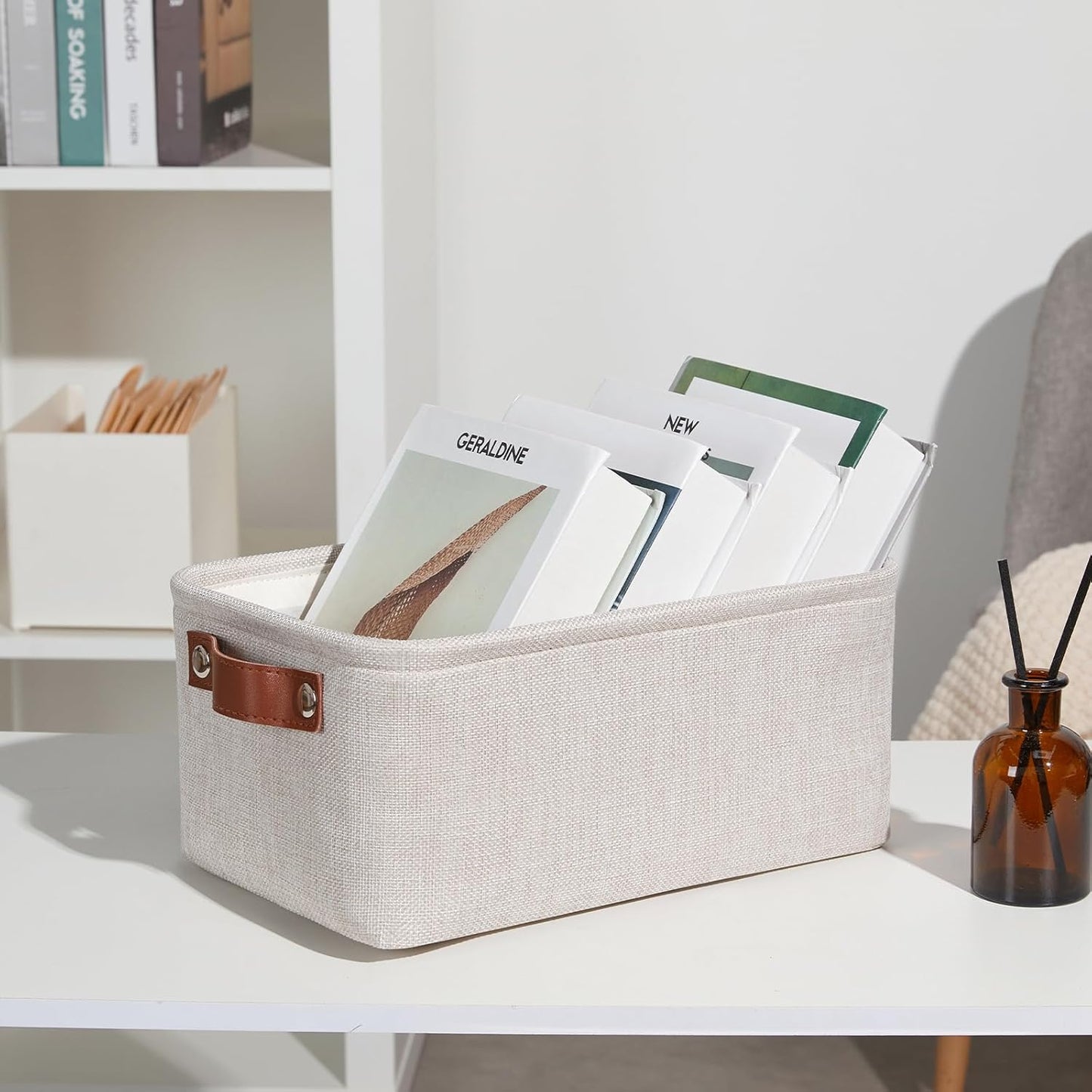 DULLEMELO Small Storage Basket for Shelves, Small Fabric Collapsible Rectangular Storage Bin for Shelves, Closets, Nursery, Home, Office, Empty Gift Basket (Beige)