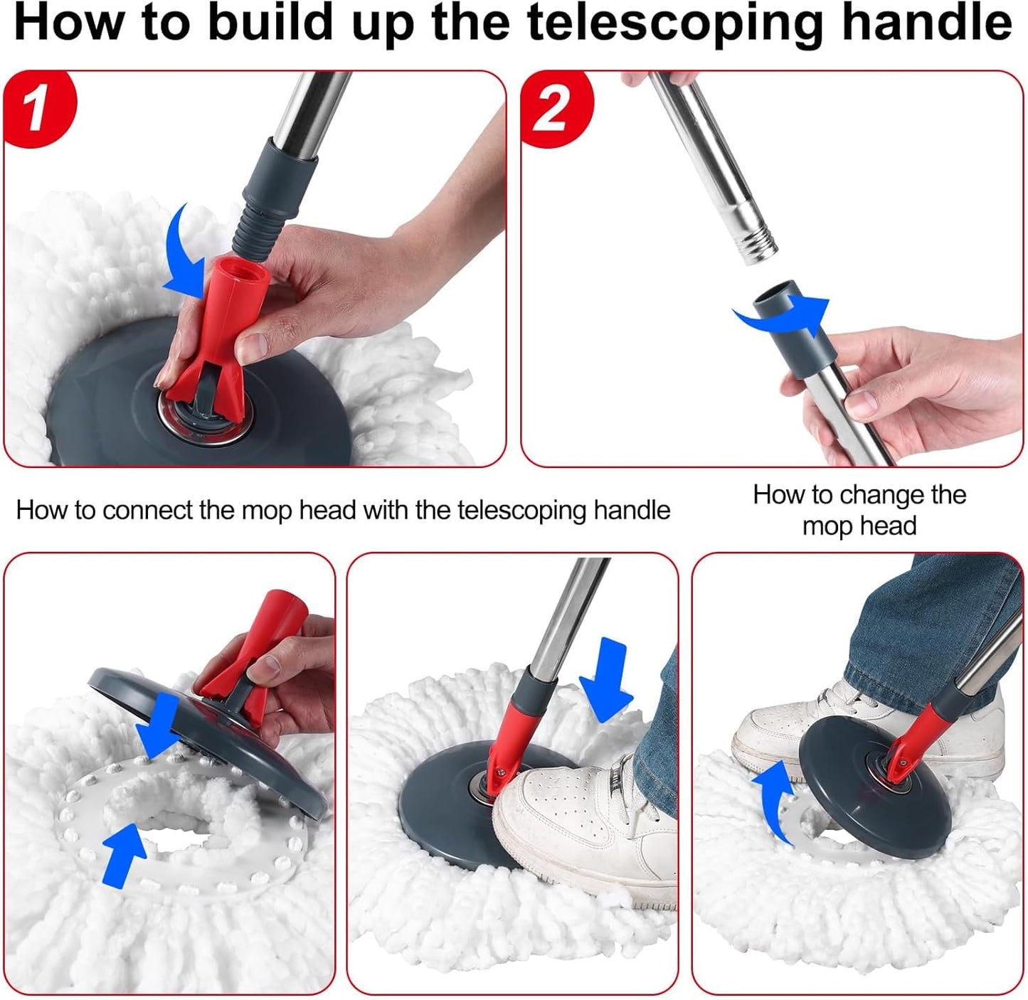 360° Spin Mop and Bucket Set Quick-Dry Technology,Mop and Bucket with Wringer Set for Home & Kitchen,Wet/Dry Floor Cleaning Kit with 4 Microfiber Mop Heads & Adjustable Handle