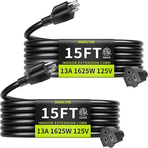 16/3 Black 15 FT Extension Cord, Indoor Extension Cord by Seeklyze