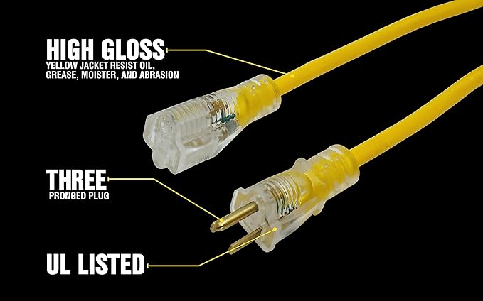 Yellow Jacket Heavy Duty Extension Cord, 12 Gauge, 3 Conductor, Lighted End - Image 4