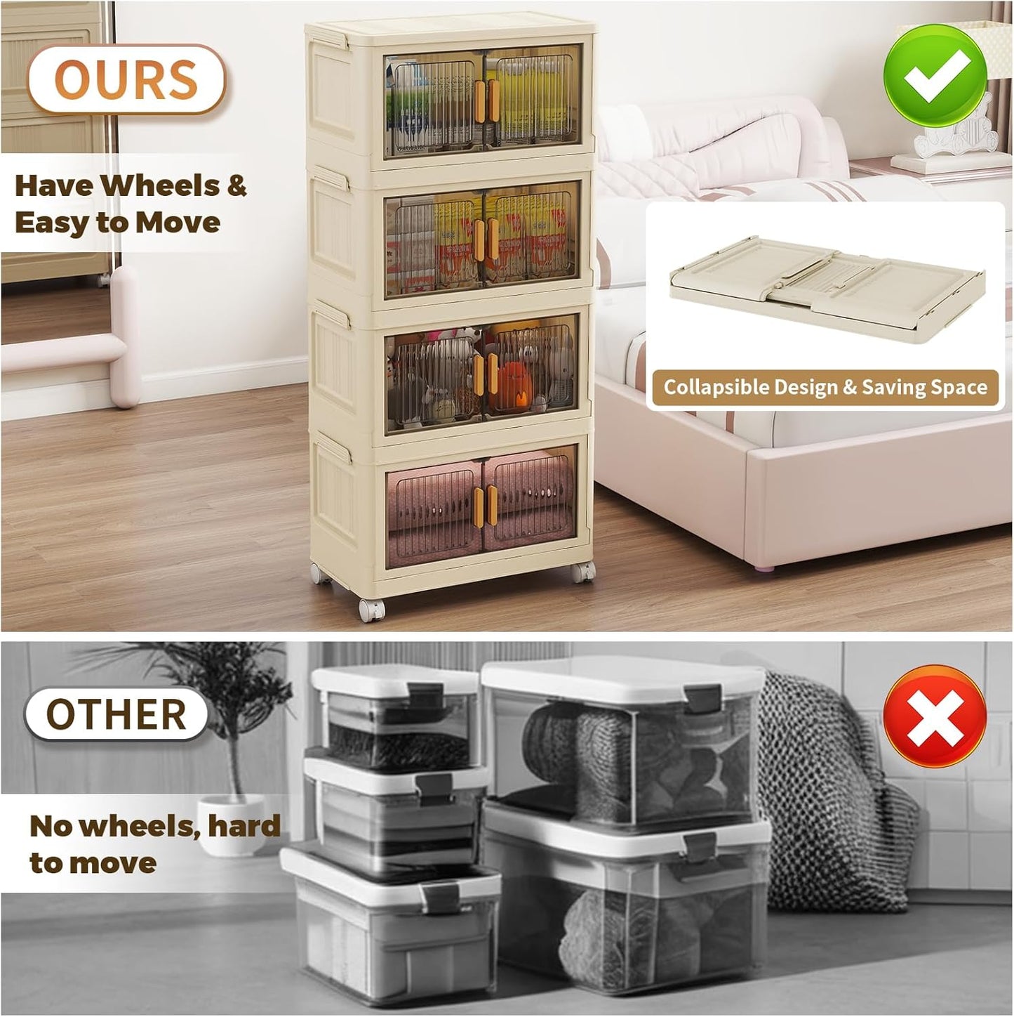 4 Tier Stackable Plastic Storage Bins with Lids 48QT, Collapsible Closet Organizers and Storage with Wheels for Living Room,Office,Dorm