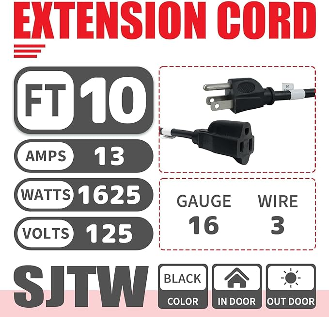 EP 10FT Black Outdoor Extension Cord, 16/3 SJTW Heavy Duty Waterproof, 3 Prong - Image 2